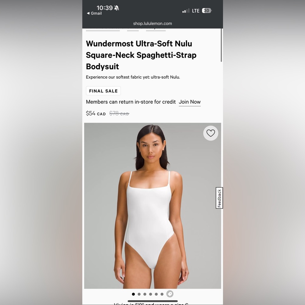 Lululemon Nulu white square neck bodysuit  size M